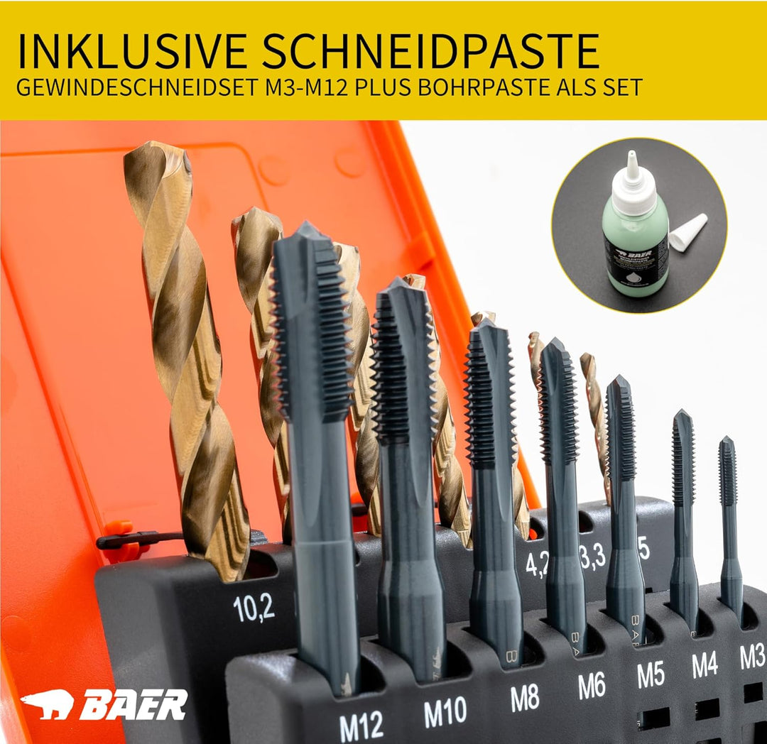 BAER Gewindeschneider Set M3 - M12 | HSSE Edelstahl | Edelstahlbohrer inklusive Bohrpaste | Maschine