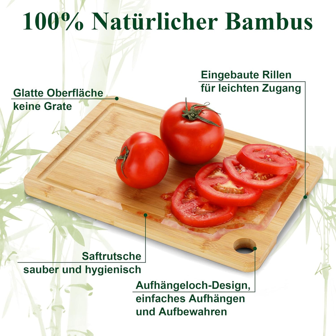 Hunnycook Schneidebrett Holz 3er-Set, Holzbrett Küche mit Tiefen Saftrillen und Eingebauten Griffen,