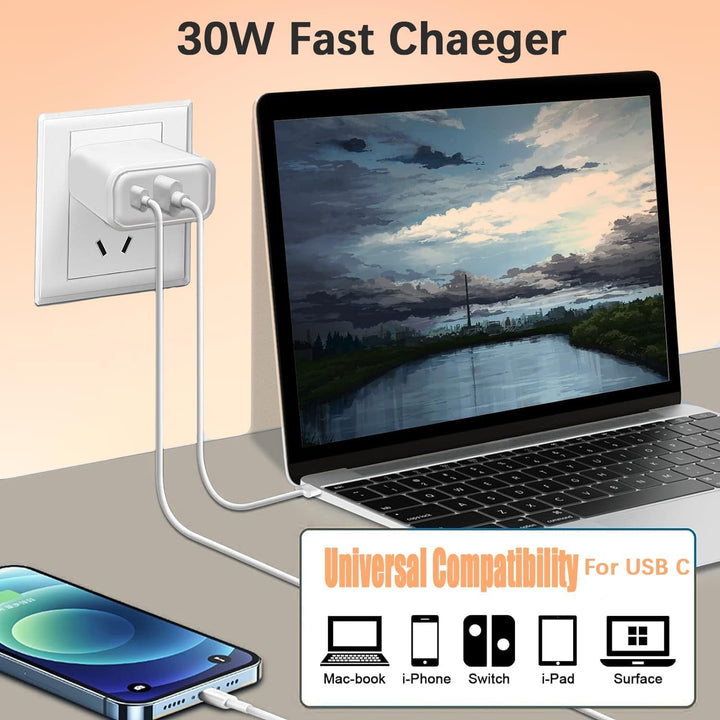 30W USB C Ladegerät Ladekabel, 3 Stück 2-Port PD Schnellladegerät mit 2M Kabel, USB C Stecker Netzte
