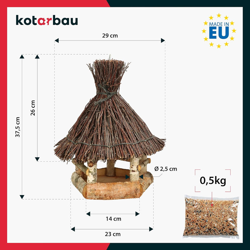 KOTARBAU® Holz-Vogelfutterhaus mit Reet eingedeckt Birke zum Aufhängen + 0,5 kg Futter Gratis