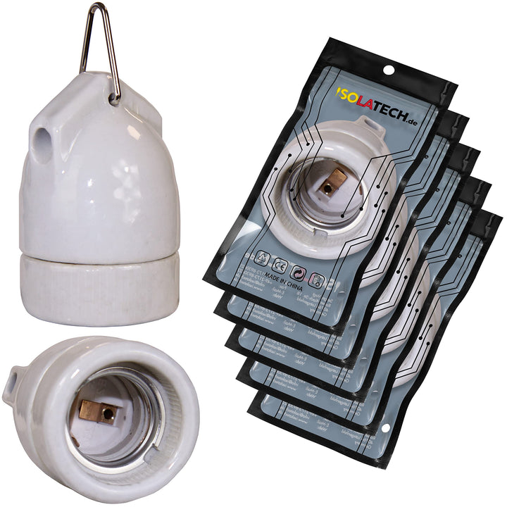 ISOLATECH 5Stk E27 Keramik Hängefassung mit Metallöse LED Energiesparlampen (max.250V/4A) Leuchtmitt
