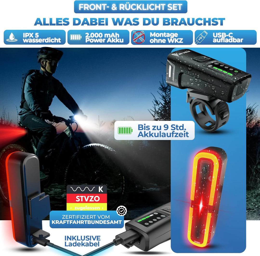 MIVELO SMART Fahrradlicht Set 100LUX, 2000mAh Power-Akku, Auto-Sensor, StVZO zugelassen, USB aufladb
