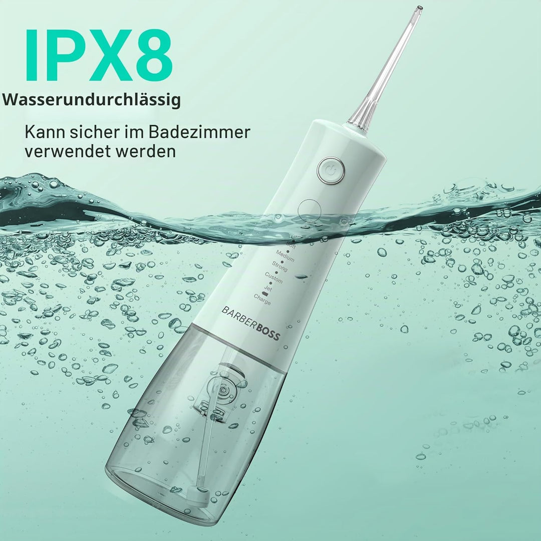 BarberBoss Munddusche Kabellos, elektrische Zahnseide mit 5 Druckmodi, IPX8 wasserdicht, tragbare Mu