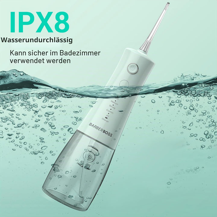 BarberBoss Munddusche Kabellos, elektrische Zahnseide mit 5 Druckmodi, IPX8 wasserdicht, tragbare Mu