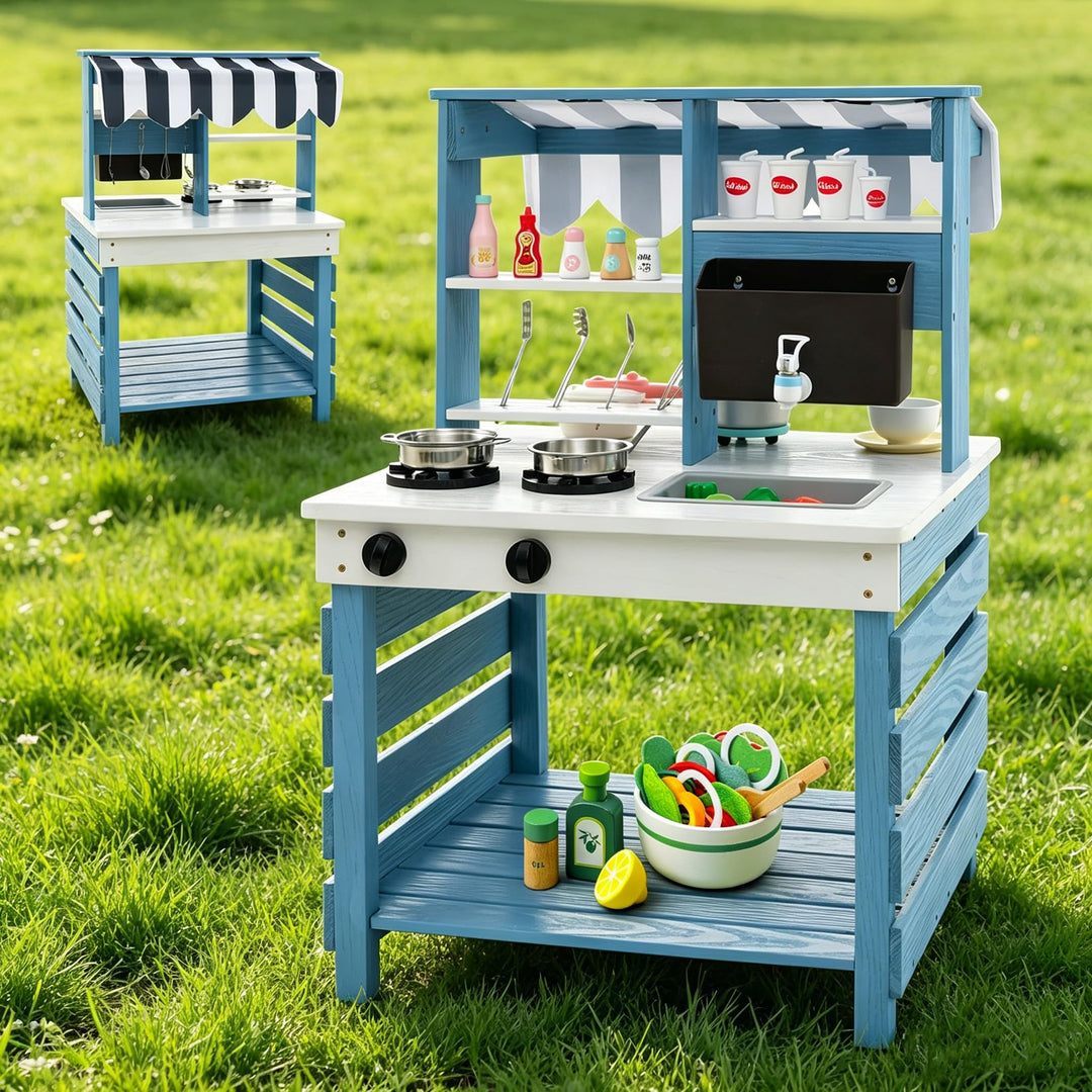 DREAMADE Matschküche Kinder Outdoor, Kinderküche aus Tannenholz mit Dach, Wassertank, Wasserhahn, Sp
