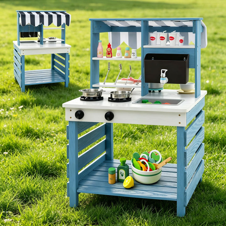 DREAMADE Matschküche Kinder Outdoor, Kinderküche aus Tannenholz mit Dach, Wassertank, Wasserhahn, Sp