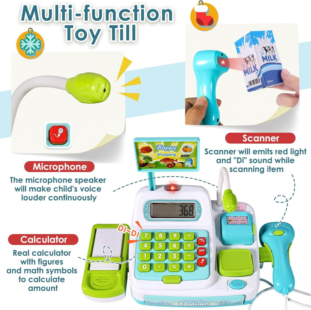 BUYGER Kinder Kasse Spielzeug, Elektronische Registrierkasse mit Scanner Mikrofon Sound Rechnerfunkt