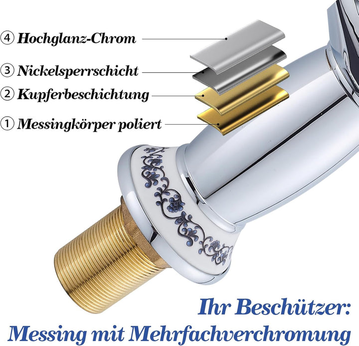 Wasserhahn Bad Antik mit Keramikgriff, Messing Einhebel-Waschbeckenarmatur, Elegant Geschwungene Was