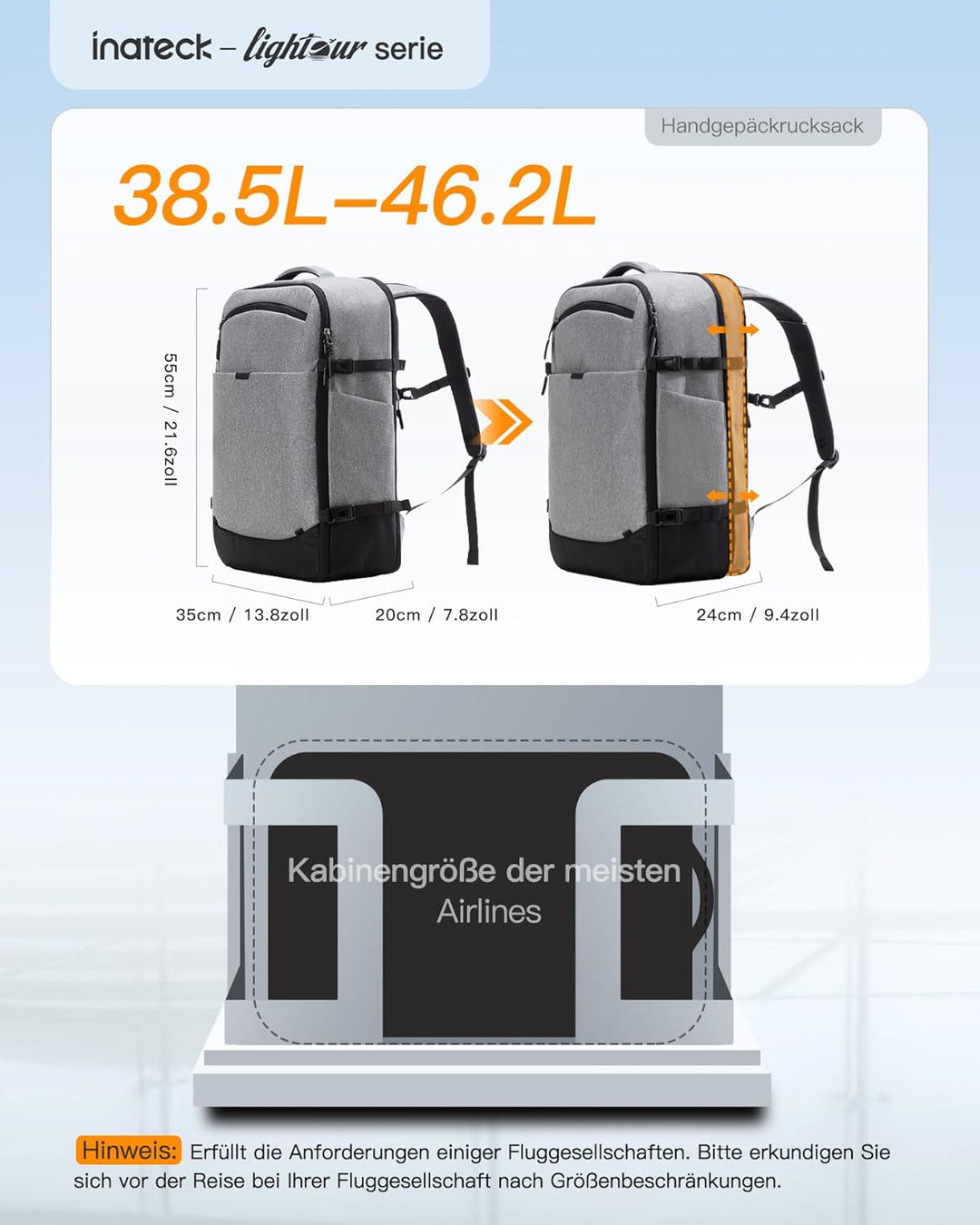 Inateck 38.5-46.2 L Reiserucksack Erweiterbarer Herren Damen Handgepäck Flugzeug Rucksack, 15.6 Zoll
