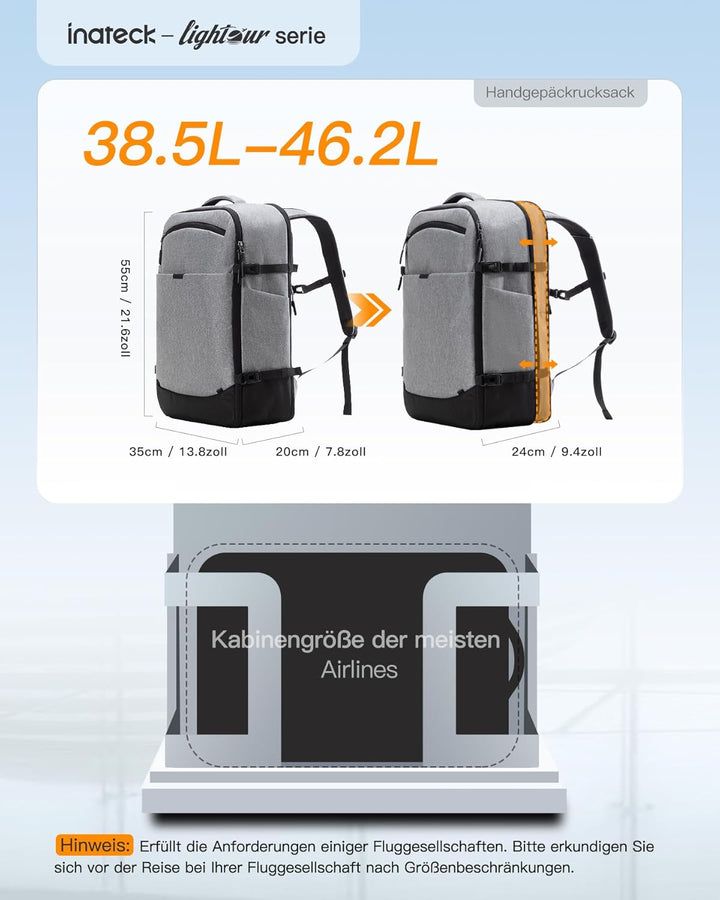Inateck 38.5-46.2 L Reiserucksack Erweiterbarer Herren Damen Handgepäck Flugzeug Rucksack, 15.6 Zoll