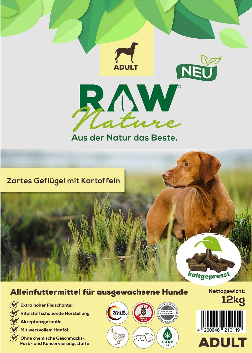RAW Nature Trockenfutter Adult | Natürlich Kaltgepresst | Getreidefreies Hundefutter | Vollwertkost
