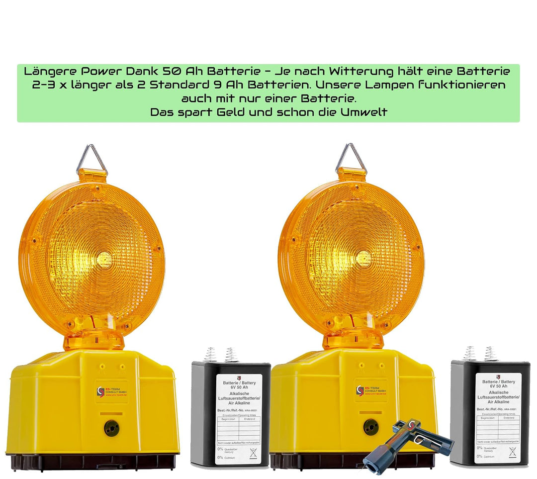 UvV LED 2 x Baustellenleuchte, Warnleuchte gelb, inkl. 2 Batterien 50 Ah für Ihre Baustelle, Baustel
