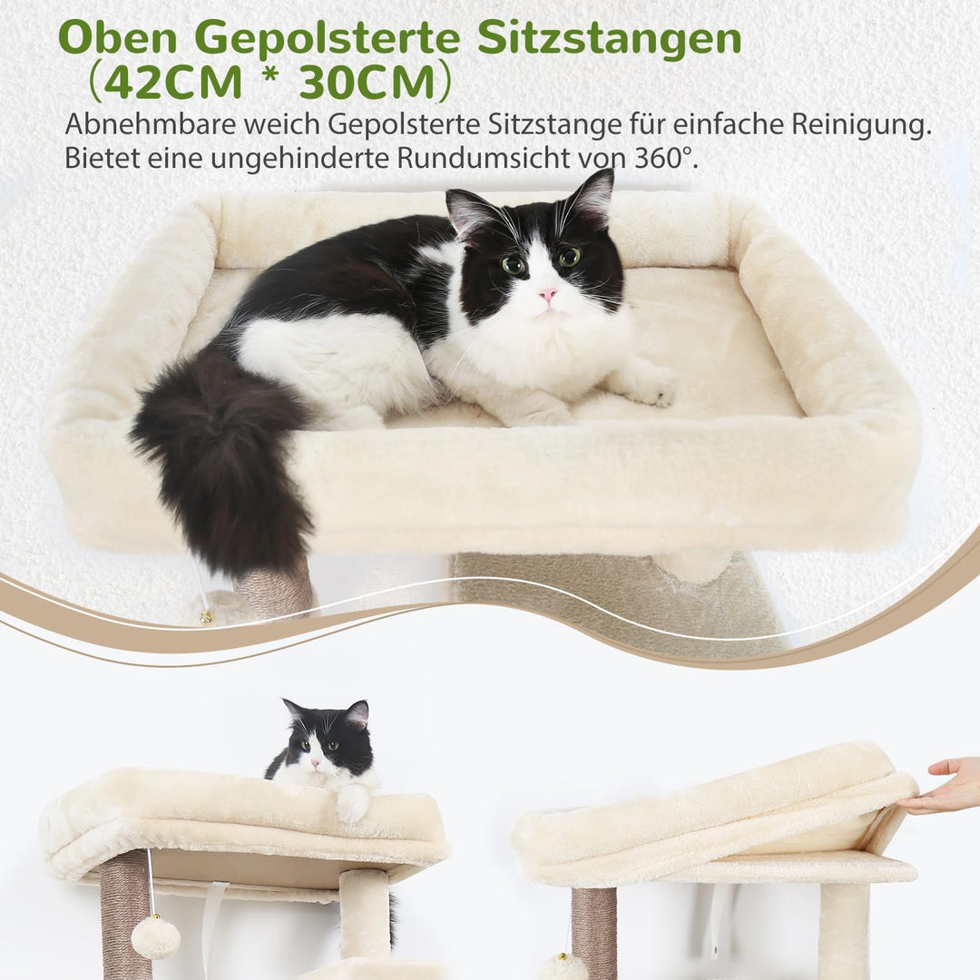 Globlazer Kratzbaum Beige Grosse hoch 178 cm mit Grosser Hängematte 43 * 36CM, 2 Katzenhaus, Gepolst