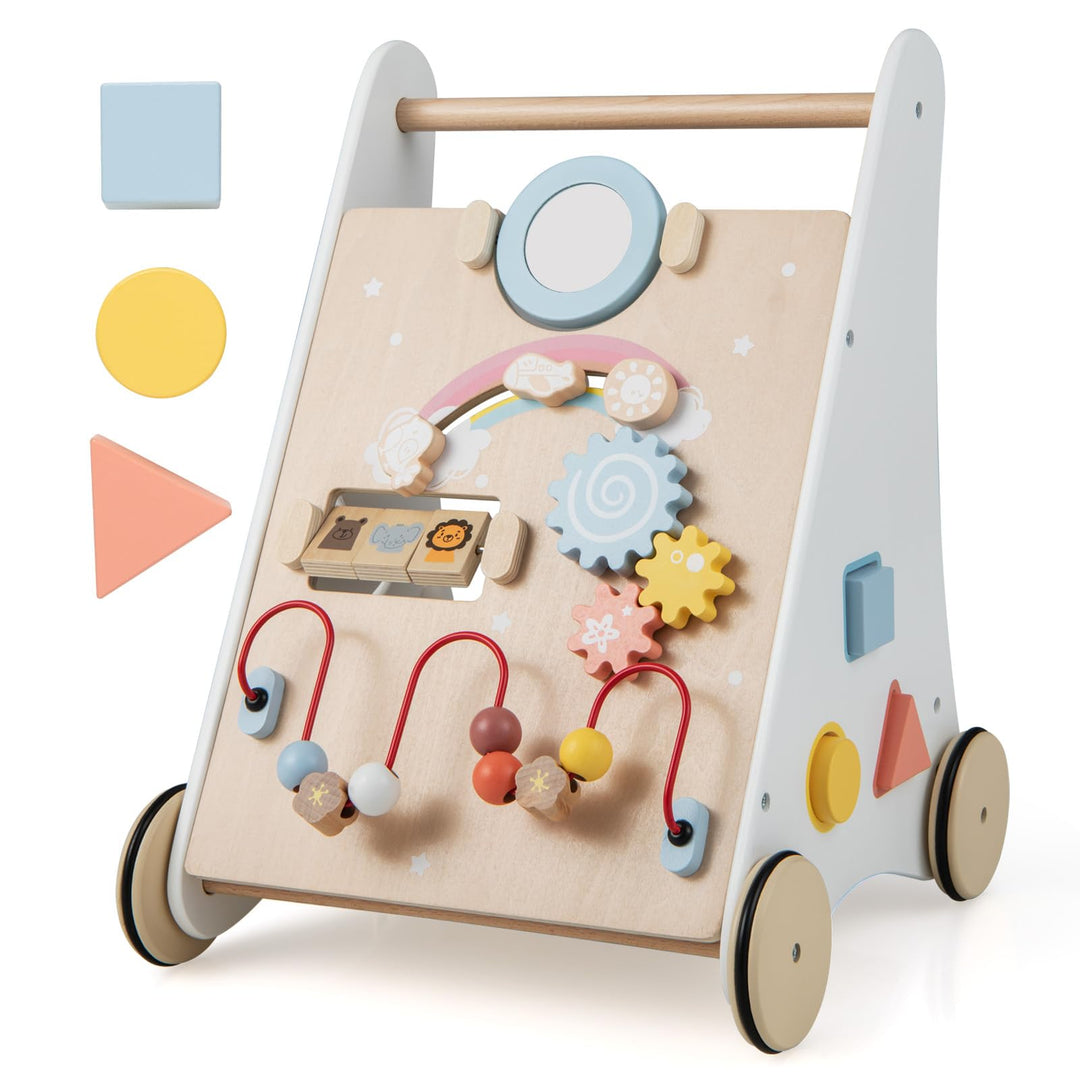 COSTWAY Lauflernhilfe aus Holz, 7 in 1 Lauflernwagen mit Spielbrett, Spiegel &amp; Bauklötzen, Laufwagen