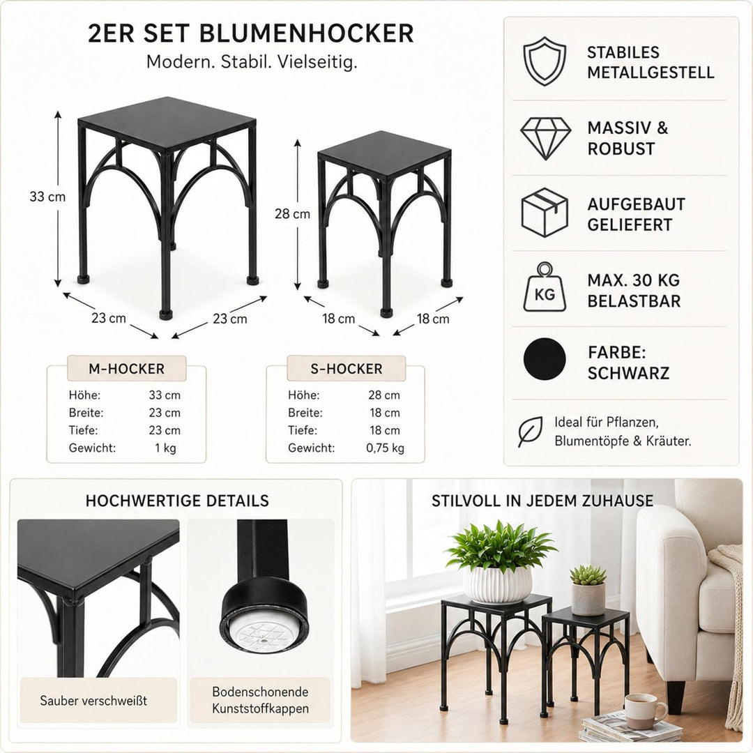 DanDiBo Blumenhocker Metall Schwarz Eckig Blumenständer Beistelltisch 96449 2er Set Pflanzenständer