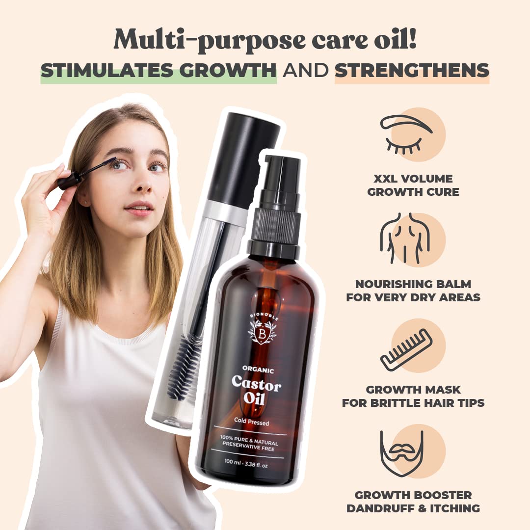 Bionoble Jojobaöl Bio 100ml & Rizinusöl Bio 100ml - Wimpern, Augenbrauen, Haare, Bart, Nägel - Vegan