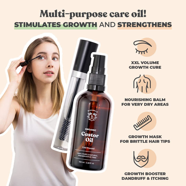Bionoble Jojobaöl Bio 100ml & Rizinusöl Bio 100ml - Wimpern, Augenbrauen, Haare, Bart, Nägel - Vegan