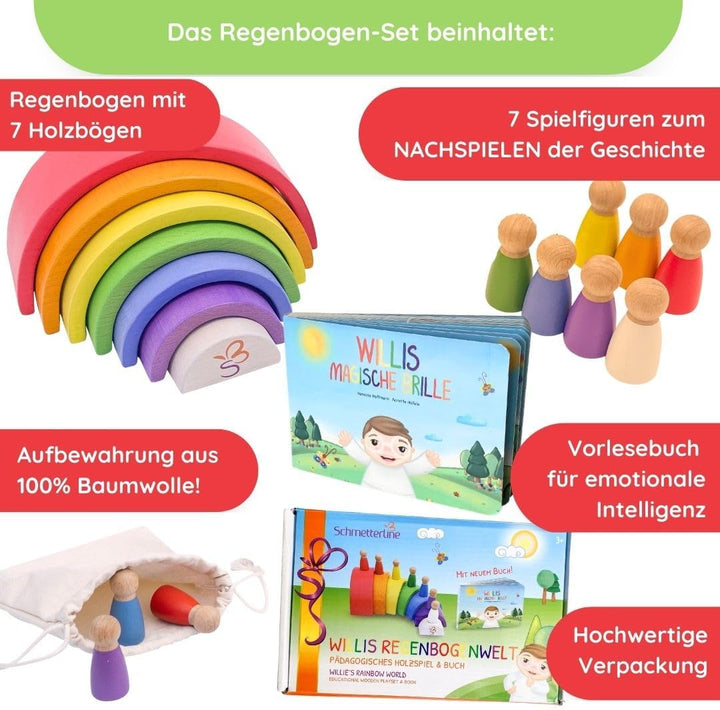 Montessori Holz-Regenbogen aus Buchenholz mit Figuren & Buch – pädagogisch wertvolles Lernspielzeug