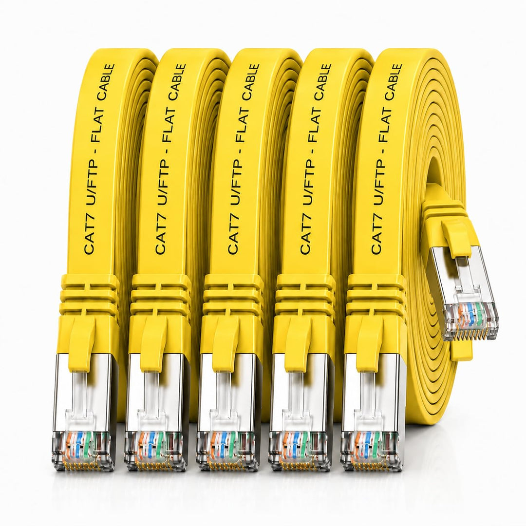 1aTTack.de 10m - gelb - 5 Stück CAT.7 Gigabit Ethernet LAN Flachband Flachbandkabel (RJ45) Netzwerkk