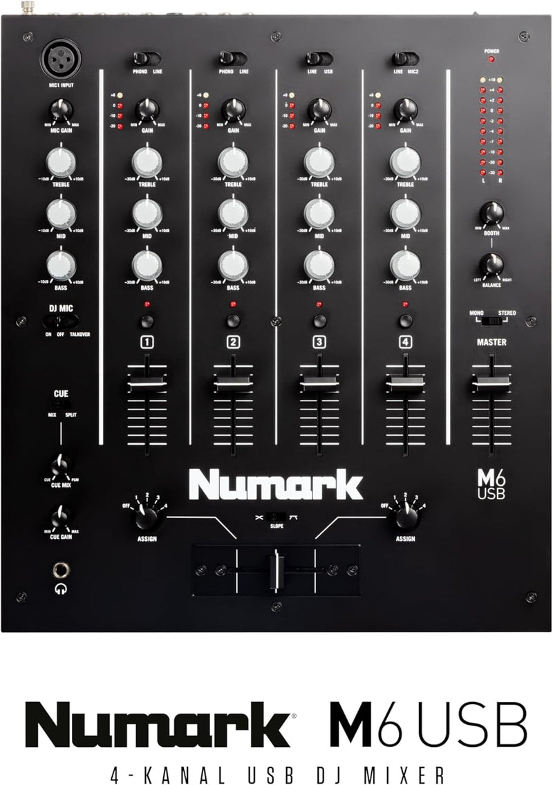 Numark M6 USB - 4-Kanal DJ-Mixer mit integriertem Audio Interface, 3-Band EQ, Mikrofoneingang und au