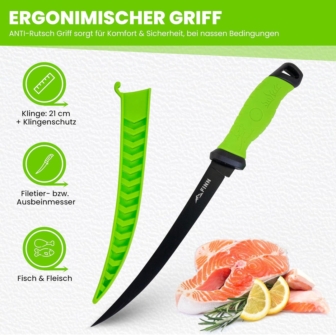 FINN Outdoors Filetiermesser Set Edelstahl Angelmesser, Fischmesser, Ausbeinmesser mit 2in1 Messersc