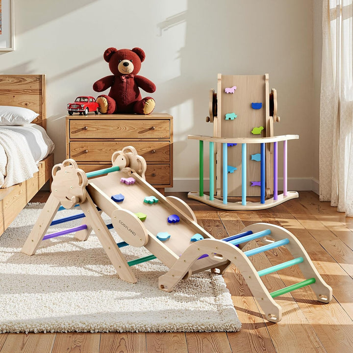 COSYLAND 8-in-1 Montessori Klettergerüst Indoor ab 1 Jahr – Kletterdreieck mit Rutsche, Kletterbogen
