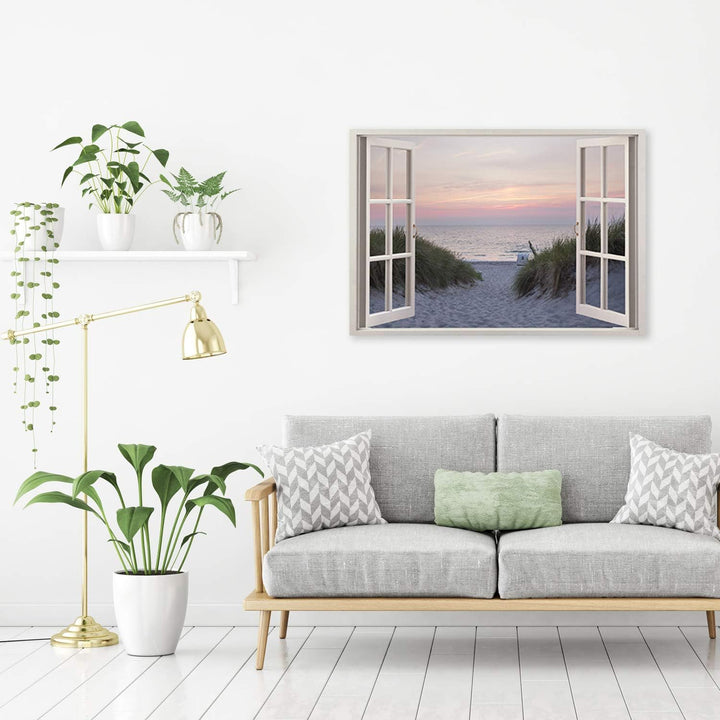 Feeby Wandbild Strand Druckbild Leinwandbild Fenster-Illusion mehrfarbig 90x60 cm Leinwandbild 90x60