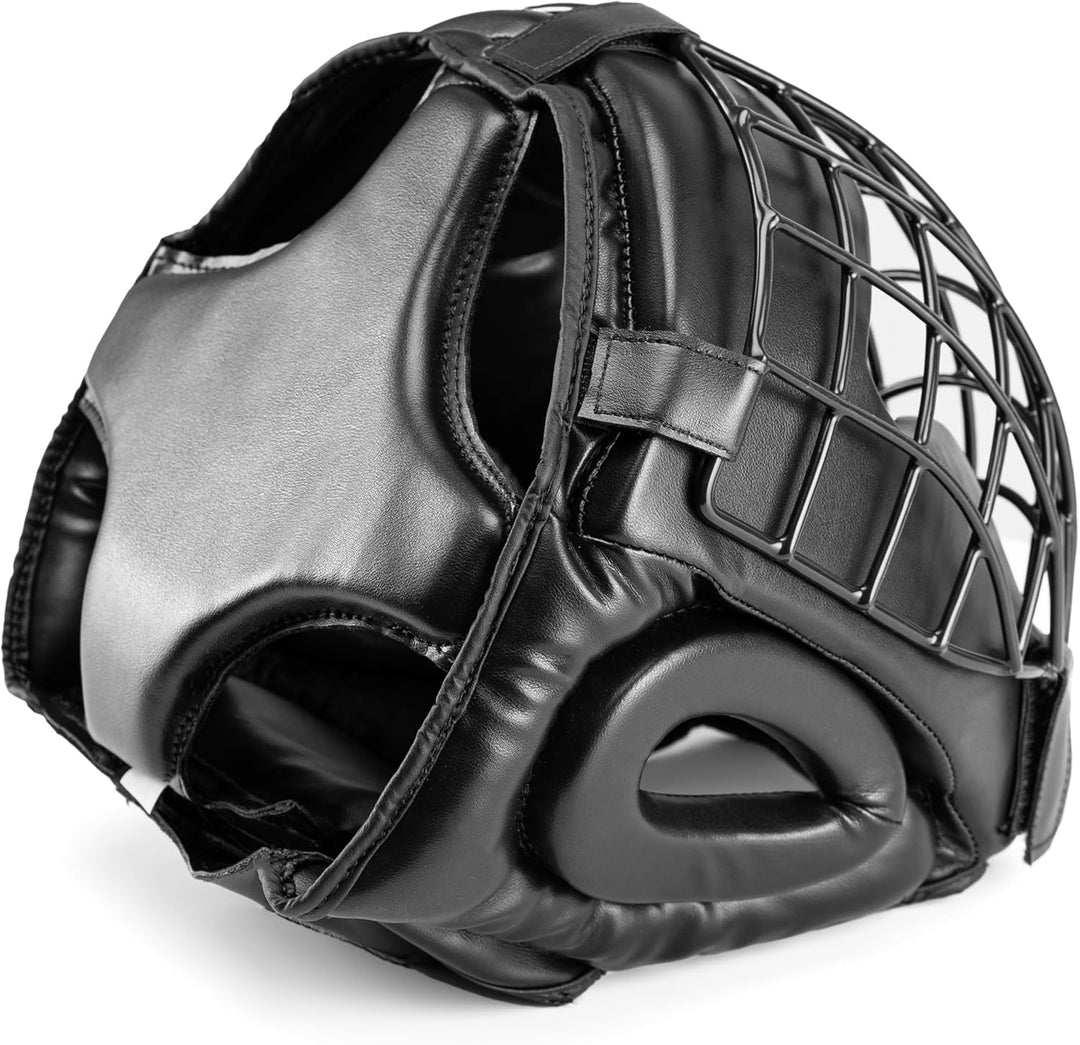 Evolution Trainingsboxhelm aus Kunstleder mit Metallgitter, Kopfschutz Boxen für Kickboxen, Kampfspo