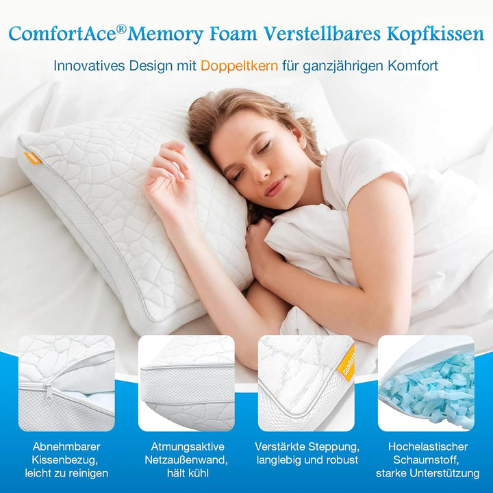 2-in-1 Memory Foam Kissen 40x60cm – Höhenverstellbares Nackenstützkissen für Seitenschläfer, Doppelk
