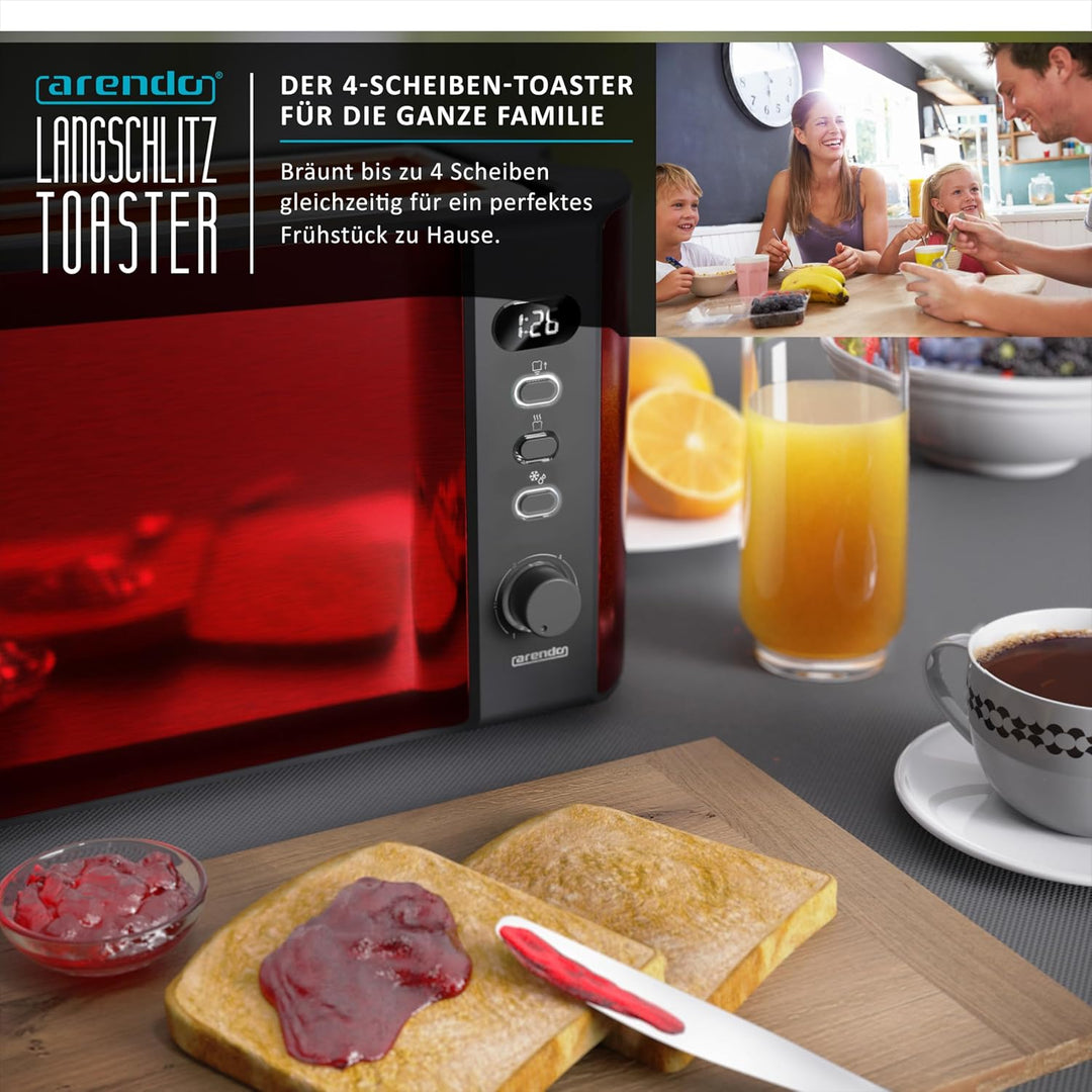 Arendo - Toaster 4 Scheiben Langschlitz Edelstahl - Defrost Funktion - wärmeisolierendes Gehäuse - m