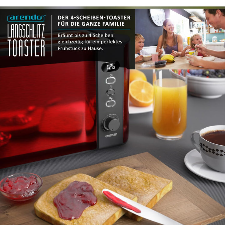 Arendo - Toaster 4 Scheiben Langschlitz Edelstahl - Defrost Funktion - wärmeisolierendes Gehäuse - m