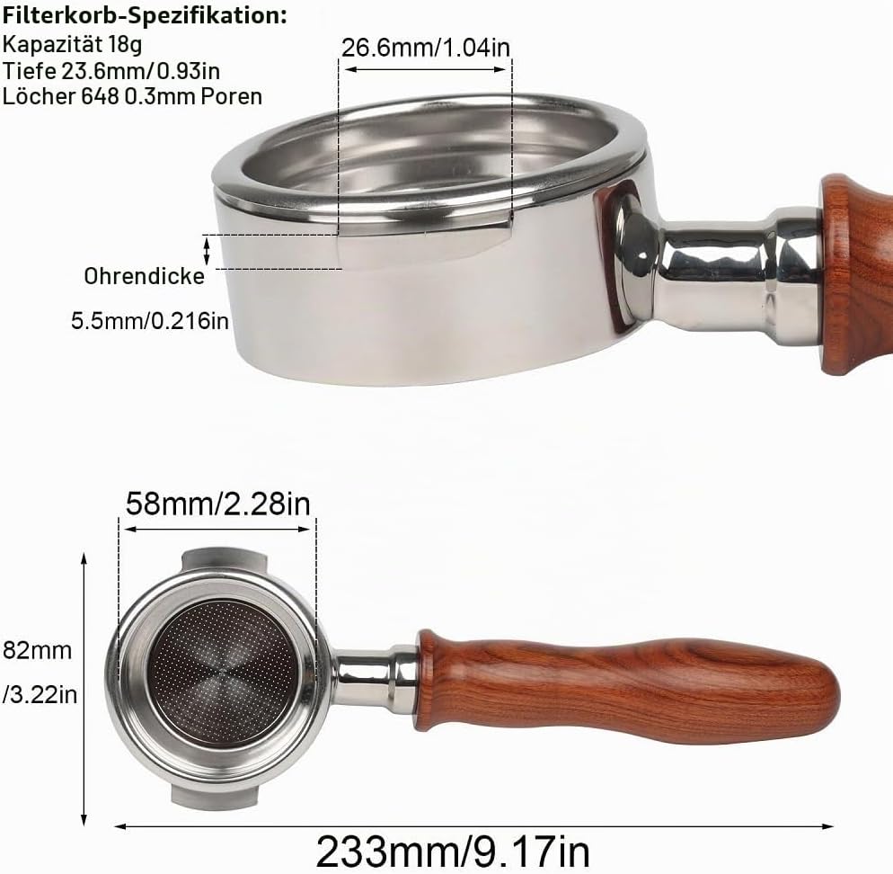 CAPFEI 58 mm bodenloser Siebträger mit 2 Ösen für E61-Brühkopf | Holzgriff