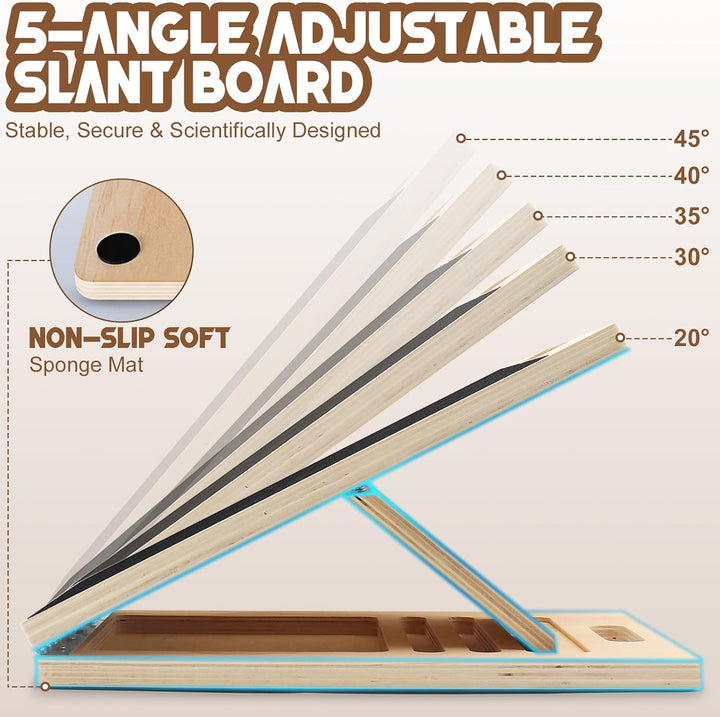 Verstellbares Schrägbrett aus Holz 40 × 30 × 4,5 cm mit 5 elastischen Bändern – rutschfeste Fitness-
