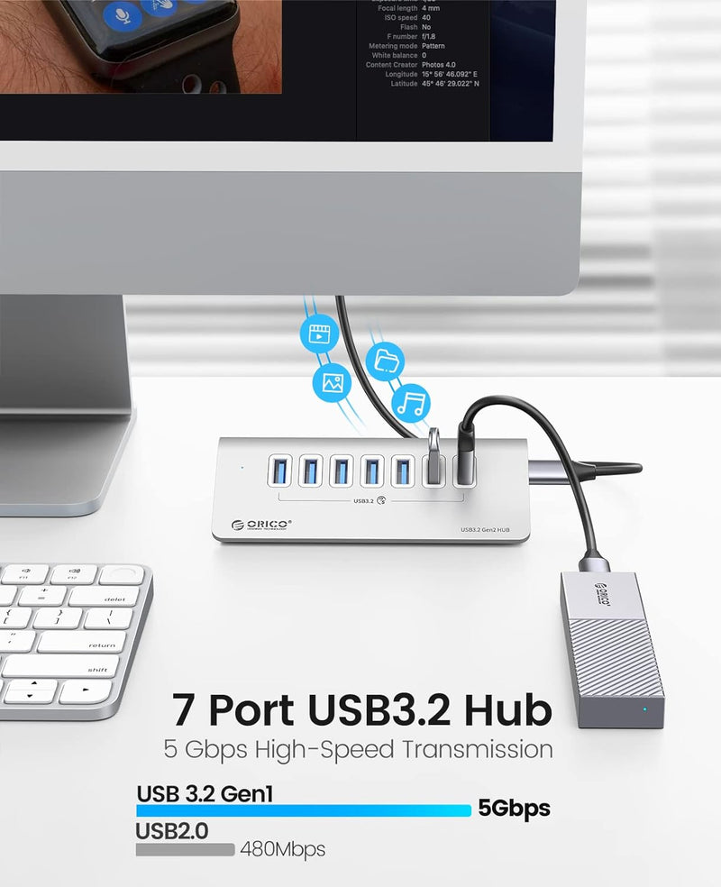 USB C Hub, ORICO USB C 3.2 GEN 1 Hub, 7-Port Aluminium USB Verteiler mit 1M USB C Kabel, 5Gbps, USB