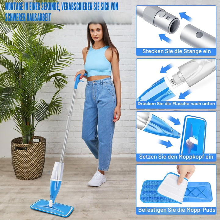 Bodenwischer mit Sprühfunktion - EXEGO Sprühwischer Bodenwischer mit 4-Mikrofaserbezug, Spray Mops W