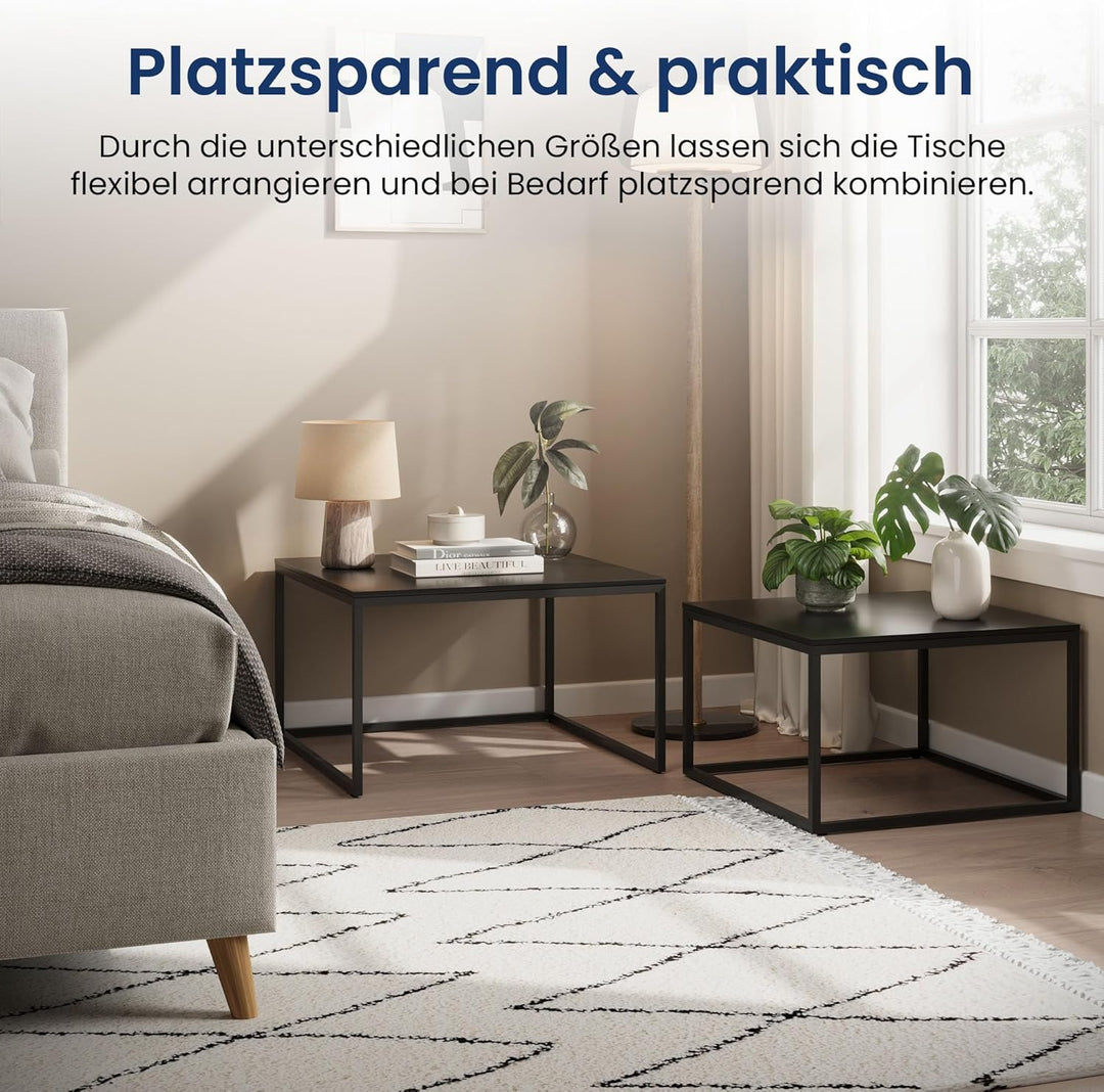 Couchtisch 2er Set quadratisch schwarz aus Holz, Wohnzimmertisch Modern, Beistelltisch Set 2 in 1 mi