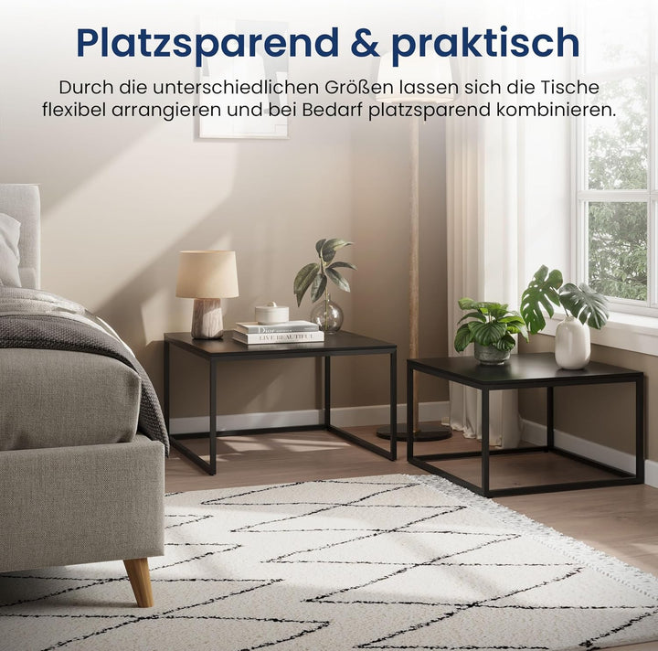 Couchtisch 2er Set quadratisch schwarz aus Holz, Wohnzimmertisch Modern, Beistelltisch Set 2 in 1 mi