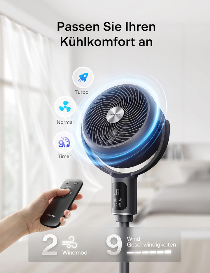 Pelonis Turmventilator mit Fernbedienung, 20dB Leiser Standventilator, 9 Stufen & 9H Timer, Höhenver