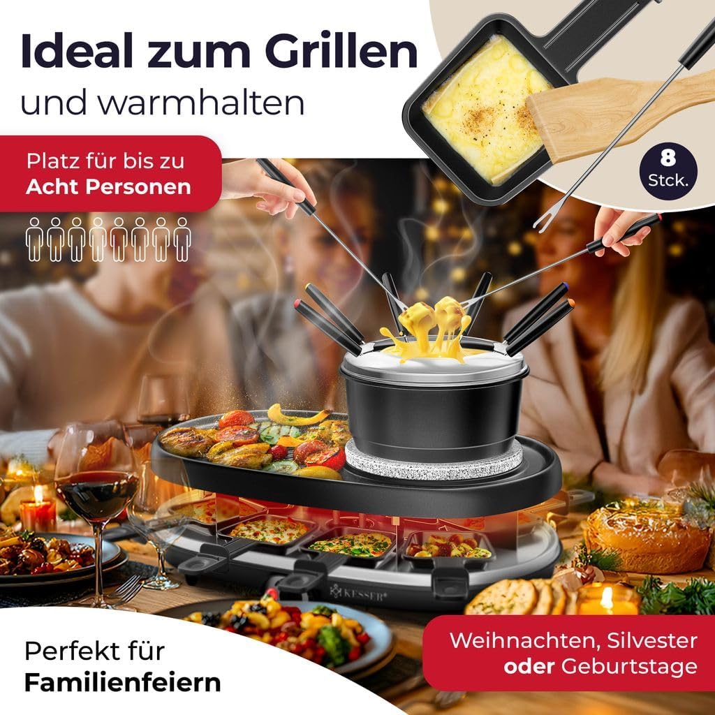 KESSER® 3in1 Raclette-Grill mit Naturgrillstein, Grillplatte und Fondue, Tischgrill für 8 Personen,