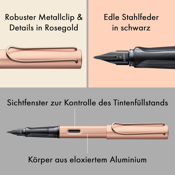 Lamy 1231321 Lx Füllhalter 76 – Füller aus Aluminium in der Farbe Roségold mit transparentem Griffst