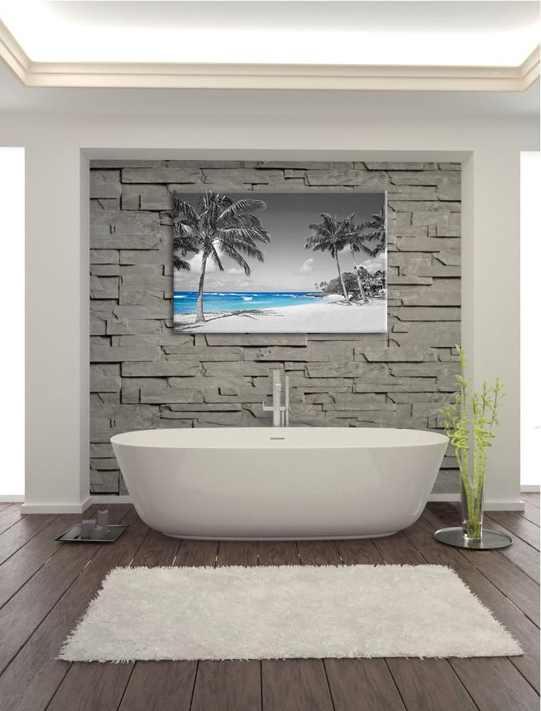 schöner Strand mit Palmen schwarz/weiss Format: 100x70 auf Leinwand, XXL riesige Bilder fertig gerah