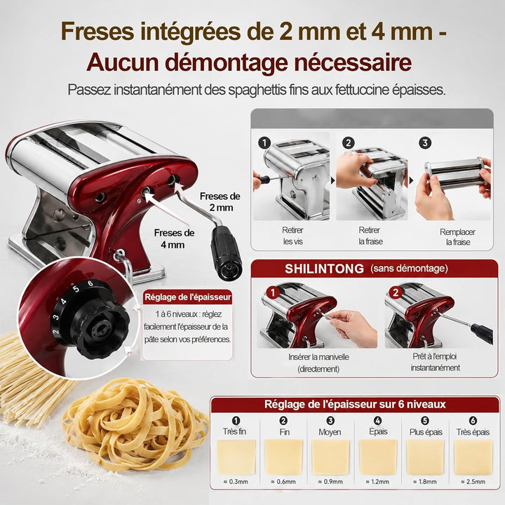 Manuelle Nudelmaschine Edelstahl mit Handkurbel, 6 Einstellbare Dickenstufen 2mm/4mm Doppelschneider