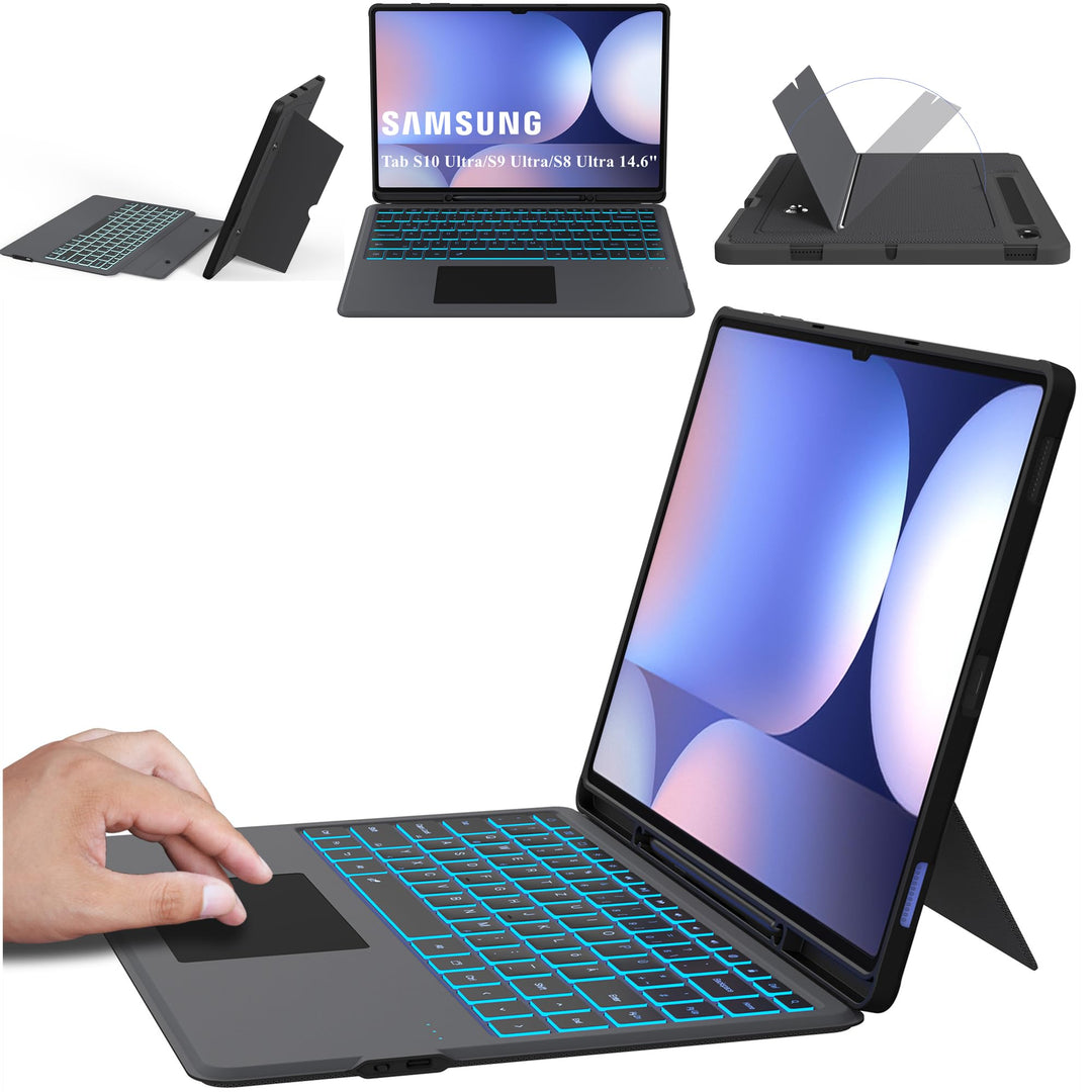 ROOFEI Galaxy Tab S9 Ultra/S8 Ultra Hülle mit Tastatur QWERTZ - Abnehmbare Tastatur mit Touchpad - 7