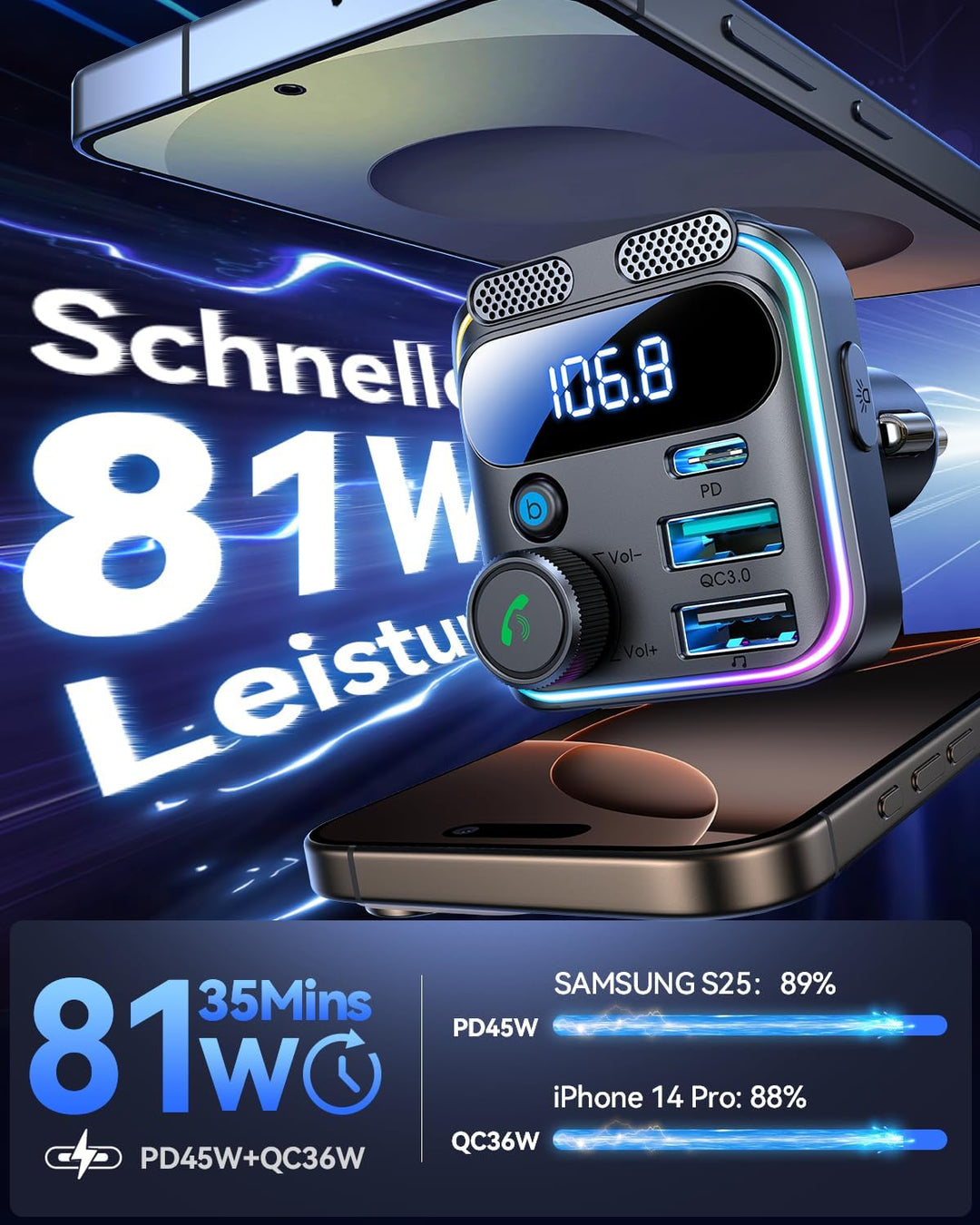 JOYROOM 48W Bluetooth Adapter Auto,【Bass & Hi-Fi Stereo】FM Transmitter Auto Bluetooth 5.3,【30W PD US
