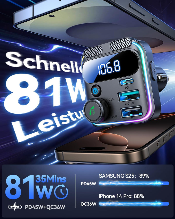 JOYROOM 48W Bluetooth Adapter Auto,【Bass & Hi-Fi Stereo】FM Transmitter Auto Bluetooth 5.3,【30W PD US