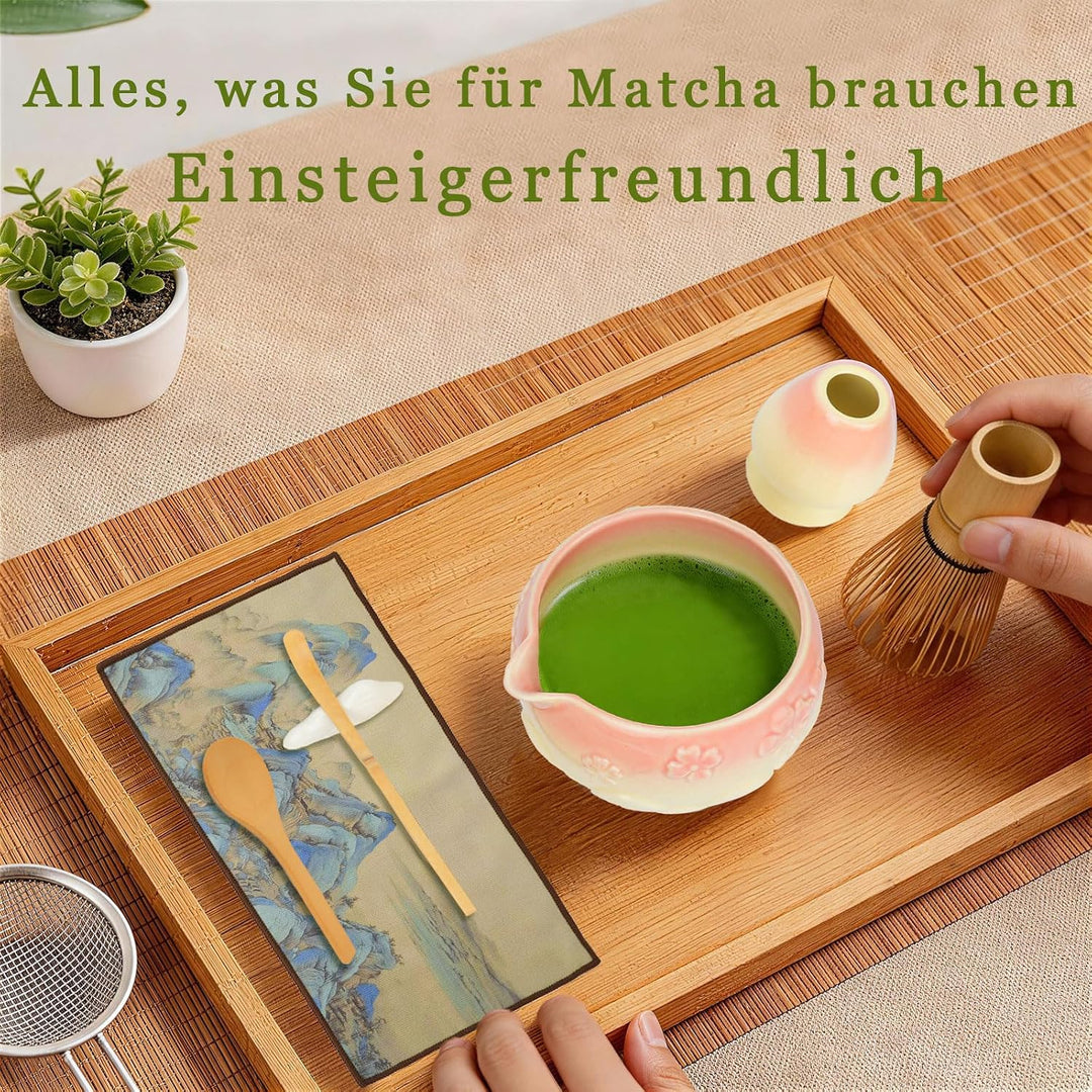 Matcha Set, 8-teilig mit 550ml Keramikschale &amp; Chasen | 550ml Keramikschale mit Ausguss und Sakura-R