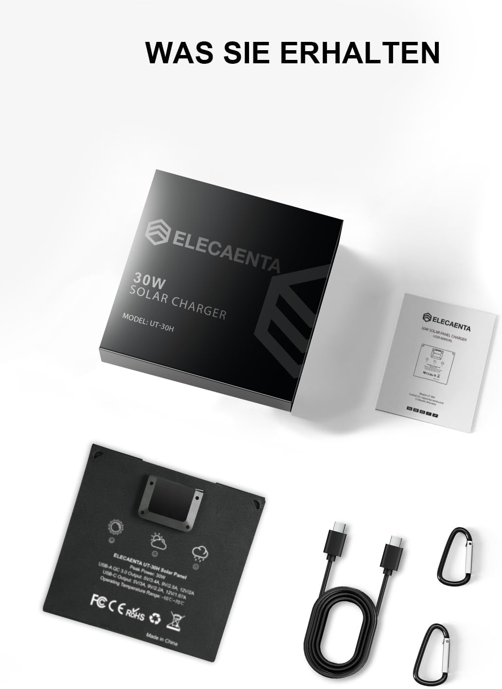 ELECAENTA 30W ETFE HPBC Solar Ladegerät 2-Port USB-C PD20W QC3.0 IP68 Wasserdicht Faltbar Solar Pane