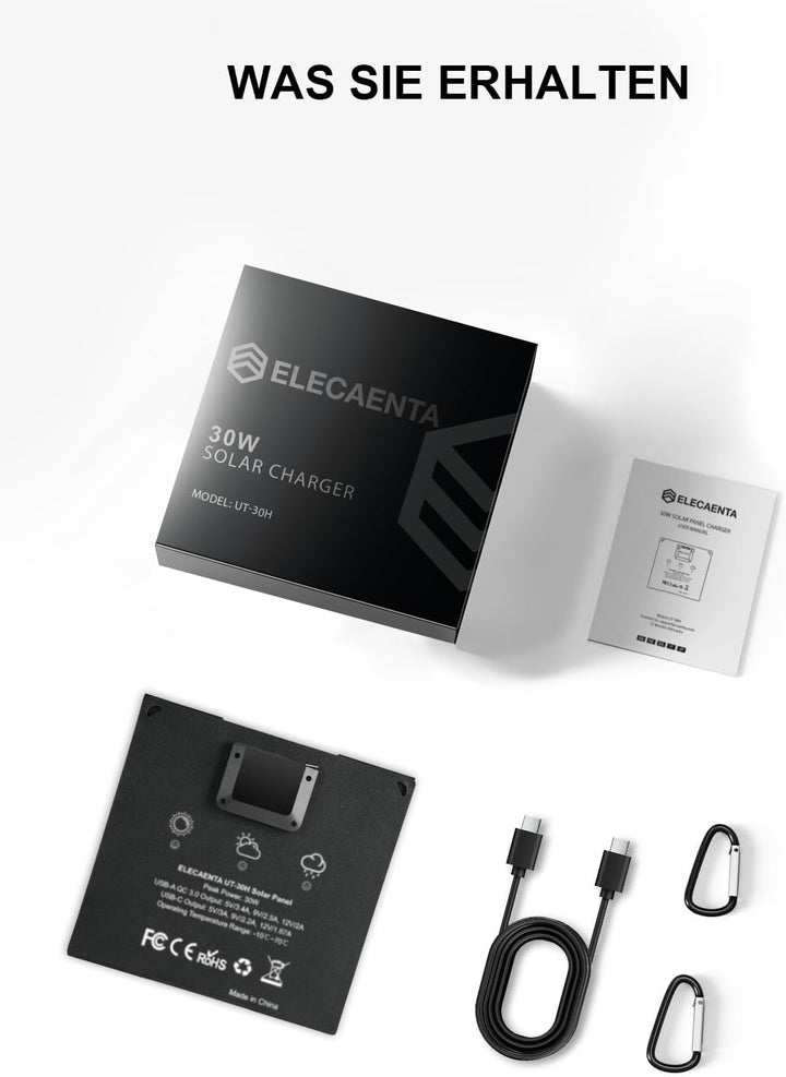 ELECAENTA 30W ETFE HPBC Solar Ladegerät 2-Port USB-C PD20W QC3.0 IP68 Wasserdicht Faltbar Solar Pane