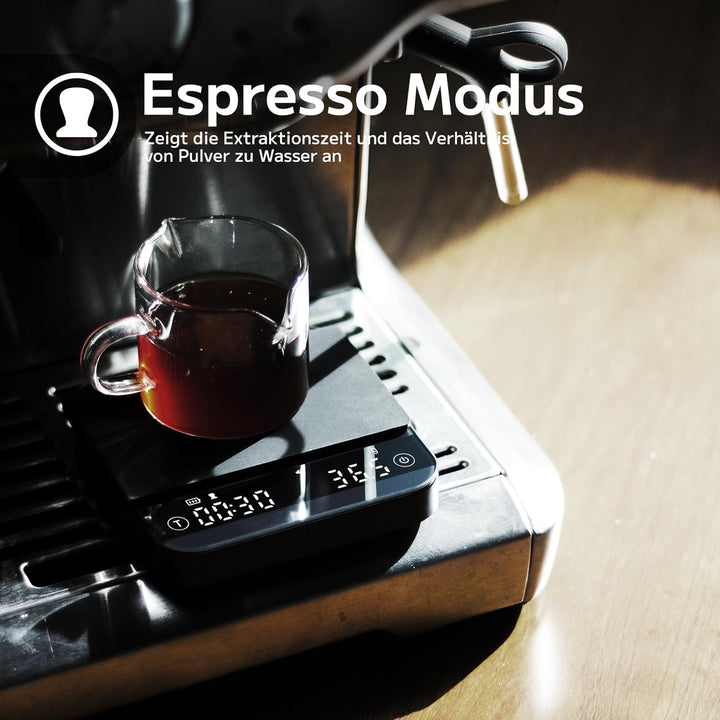 Espresso Waage mit Timer, 0.1g Genaue Kaffeewaage mit 4 Modi, Anzeige von Verhältnis und Durchflussm