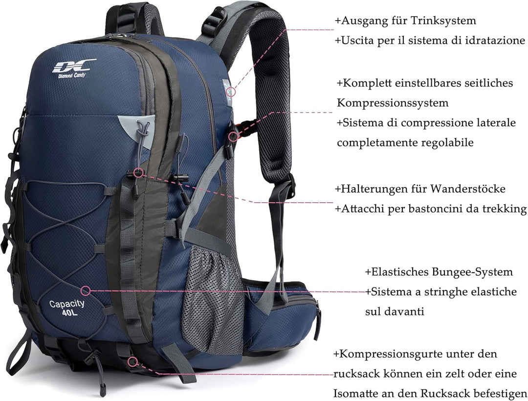 Wanderrucksack 40l Damen Herren Rucksack Wasserdicht Reiserucksack mit Regenschutz Dunkelblau, Dunke